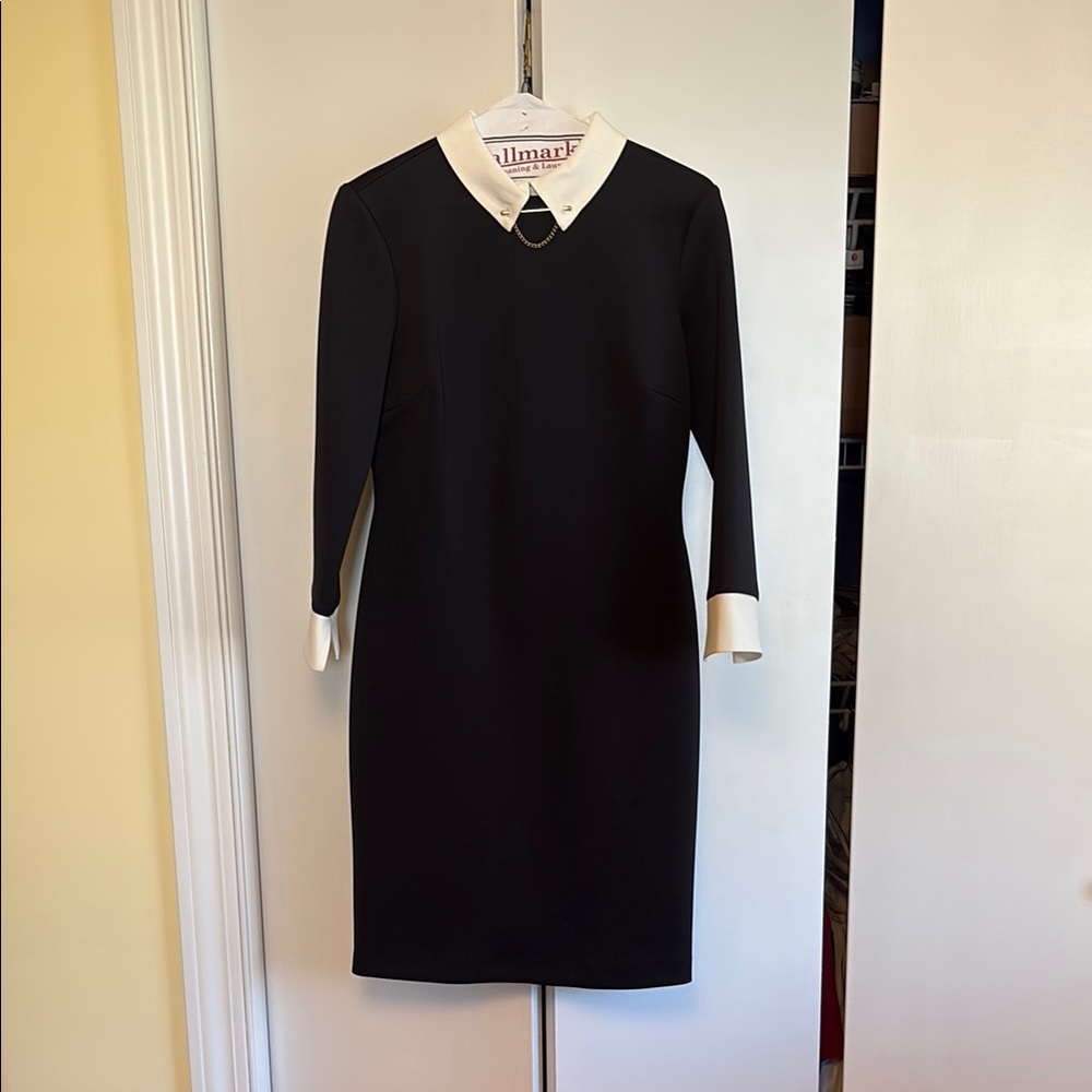Black and White Sheath Dress with Long Cuffed Sleeves